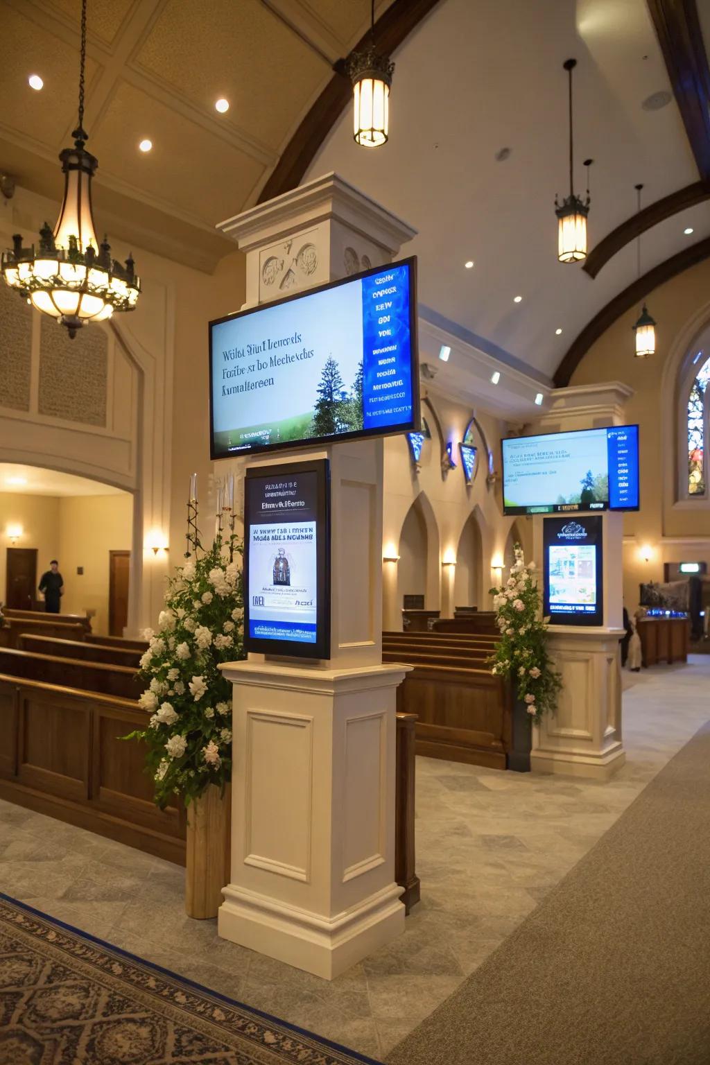 Interactive digital screens engage visitors in the church foyer.