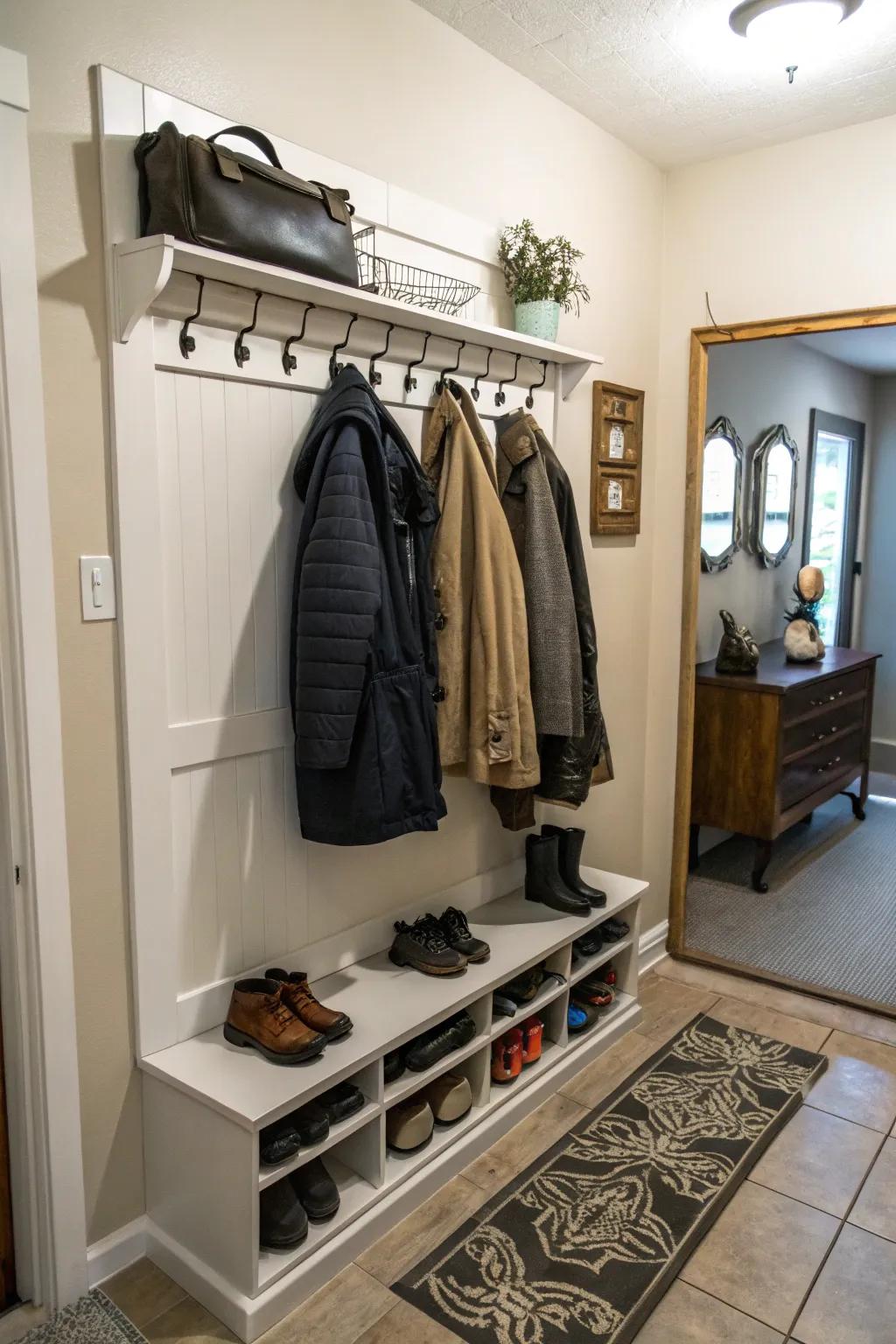 Put your storage needs together with a hanger for shoes and coats.