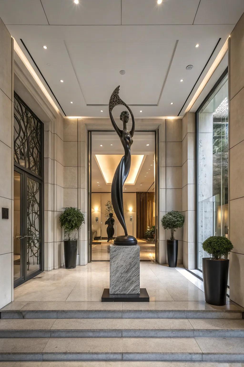 A statue contributes an artistic and astonishing element to the entryway.