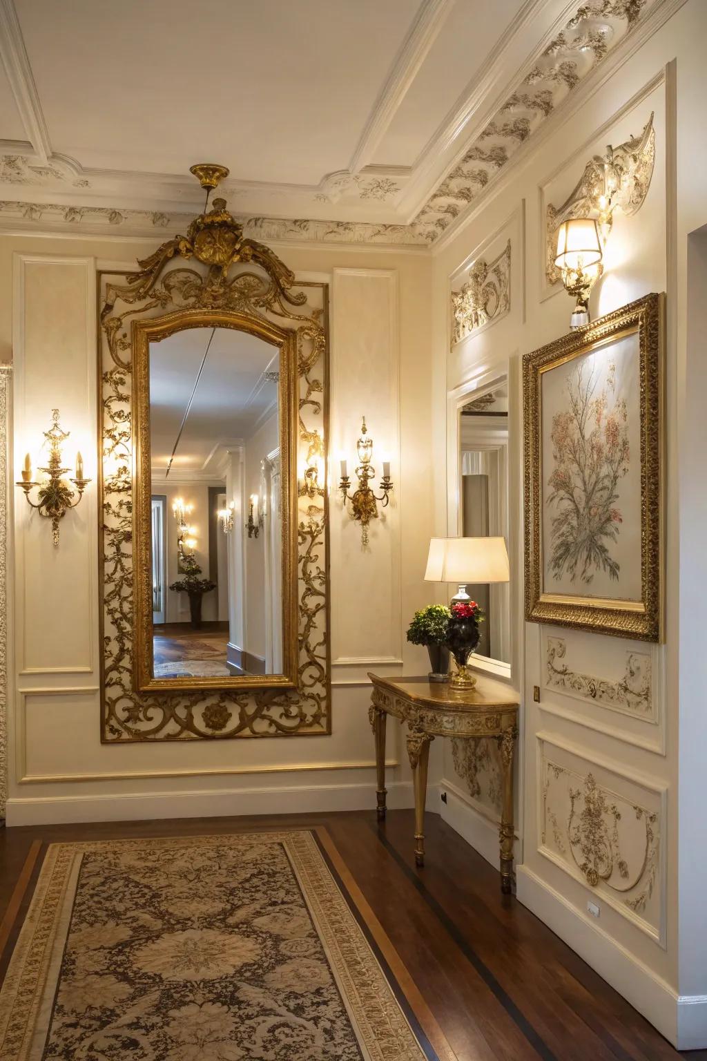A gilt-framed mirror brings timeless elegance to the entryway.
