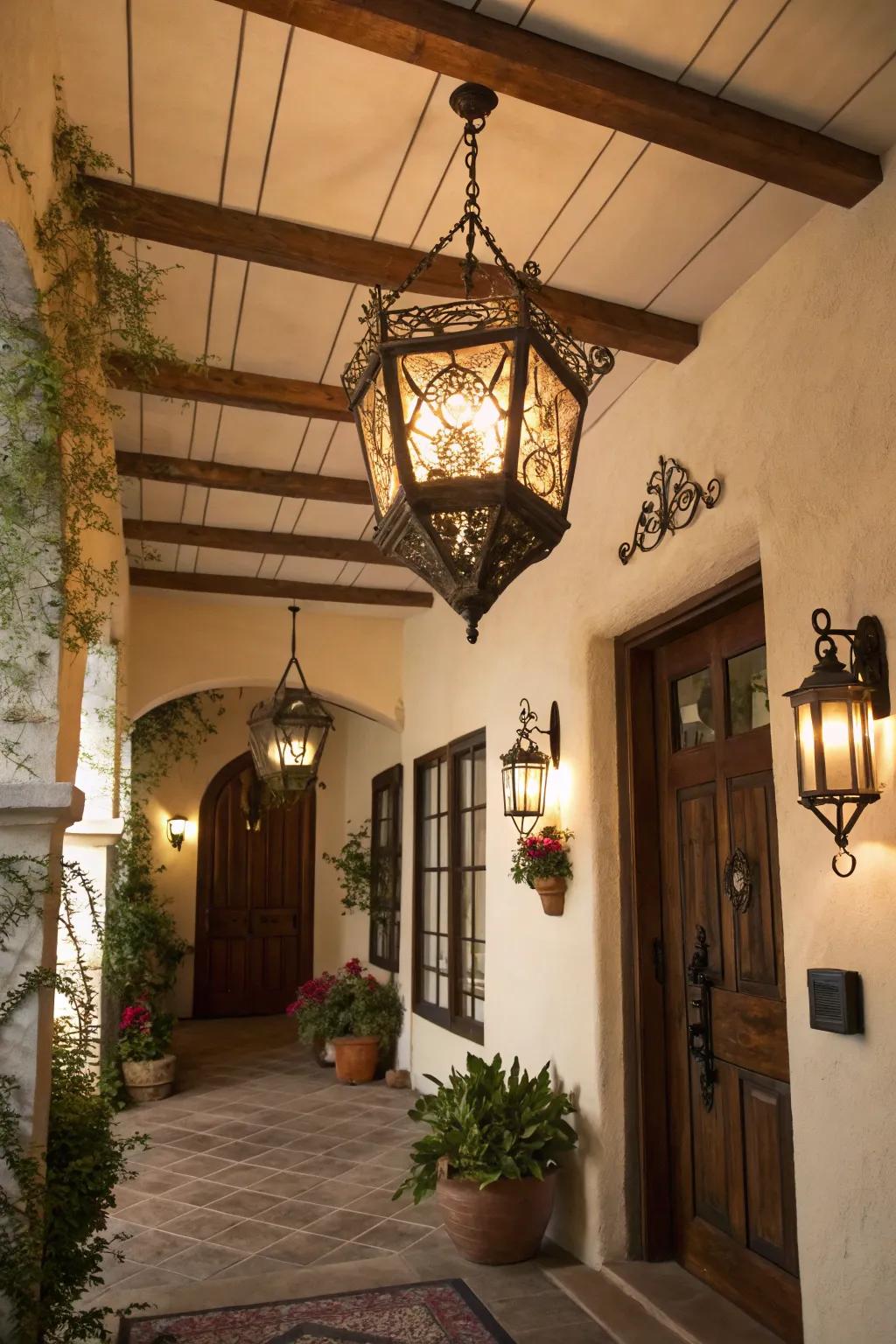 An entryway showcasing a countryside lantern-style light, which adds unexpected charm.
