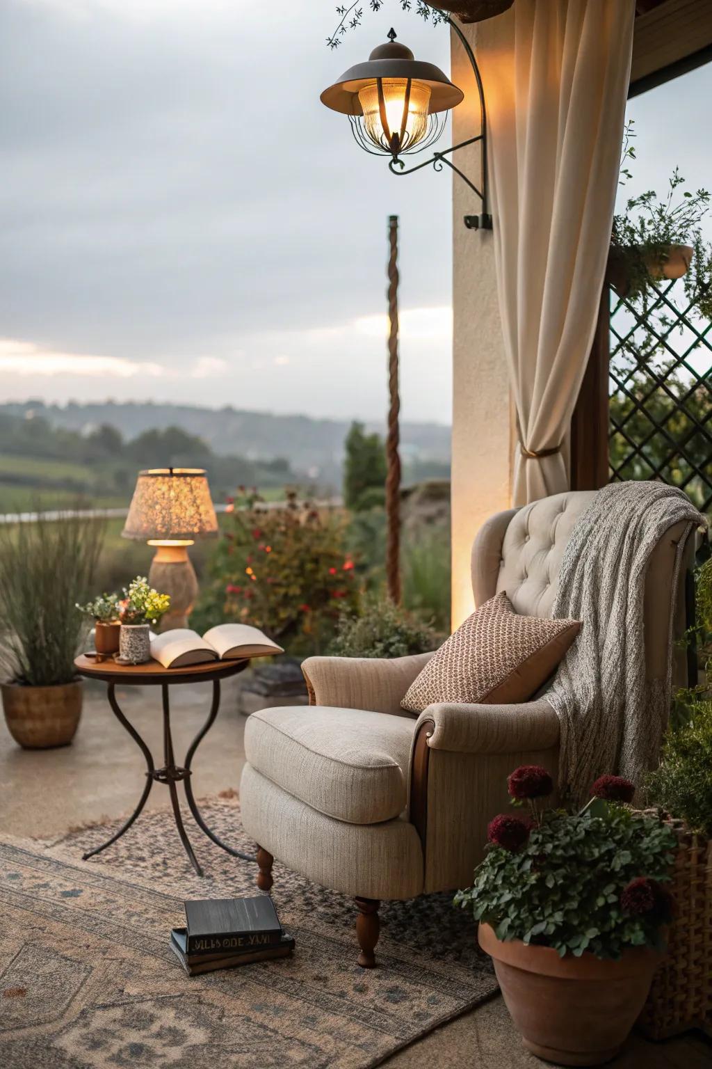 A snug reading corner offers a peaceful escape on an outdoor area.