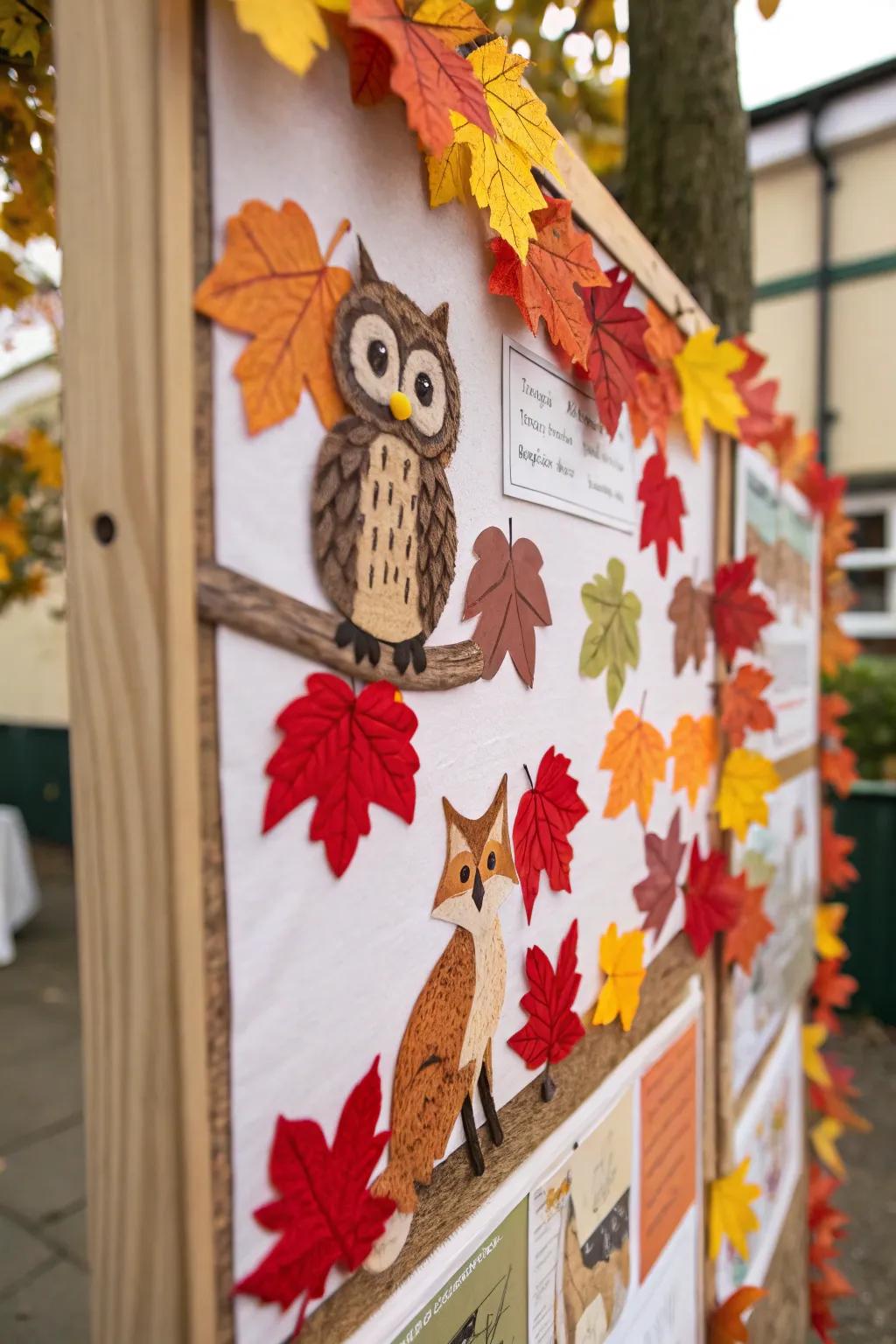 Forest creatures add whimsy to this autumnal display board.