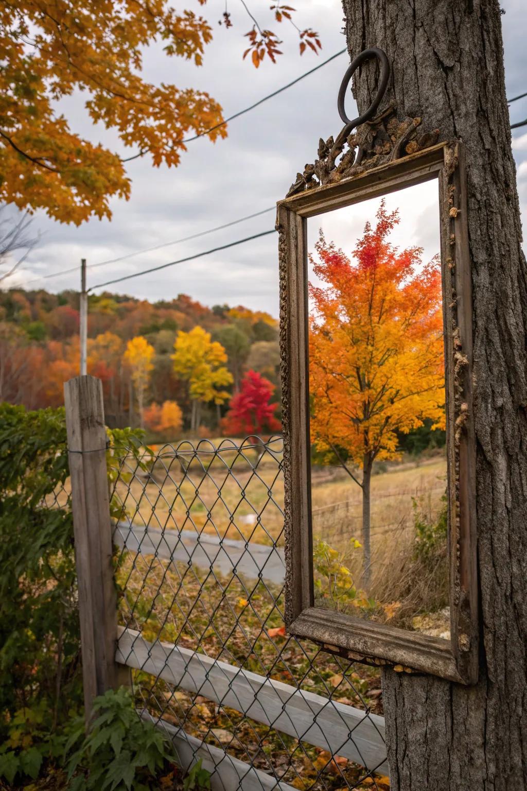 A vintage mirror mirrors the splendor of fall foliage on the fence.