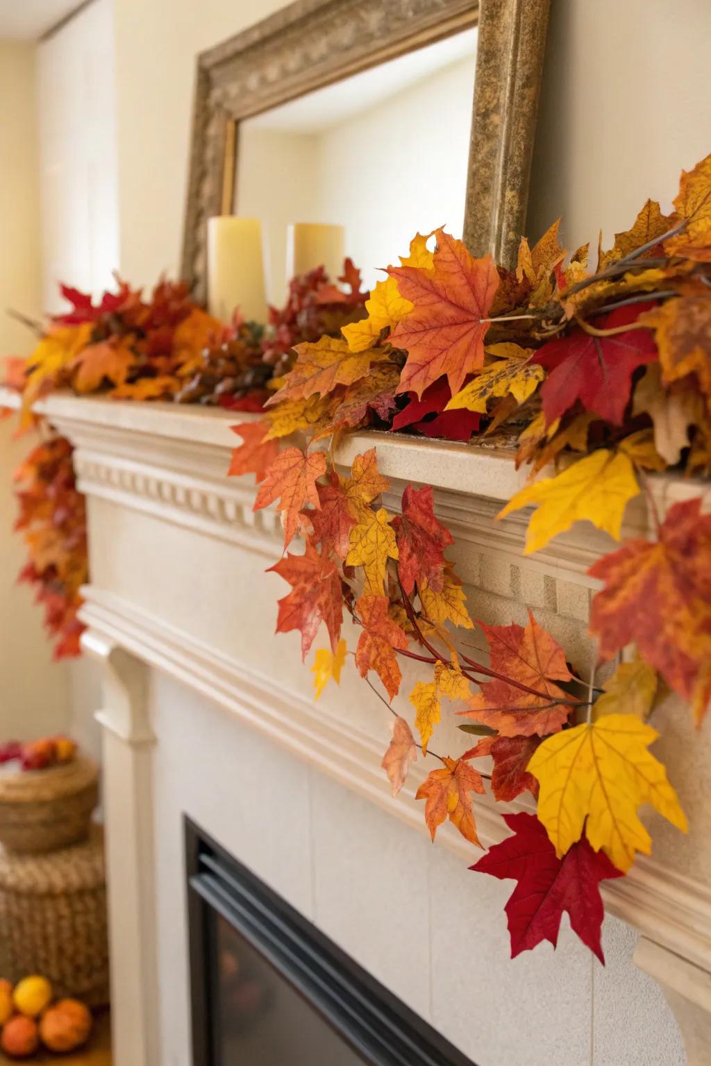 An autumnal fireplace adorned with vibrant foliage.