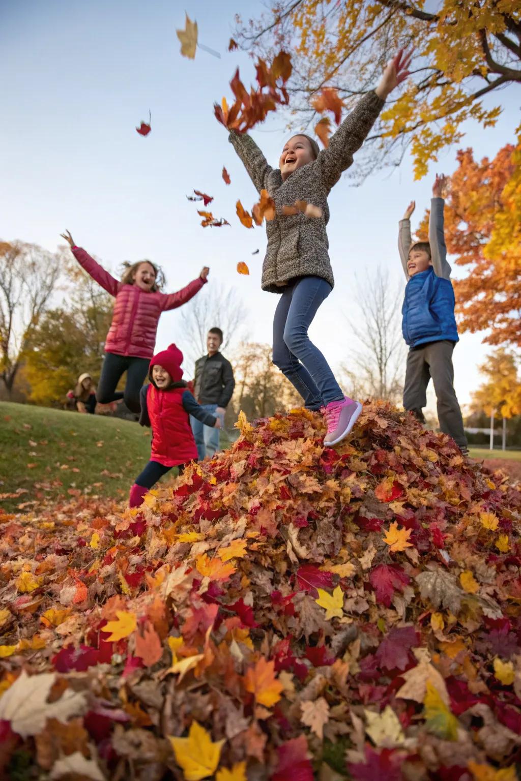 Pure joy discovered in a pile of autumn leaves.