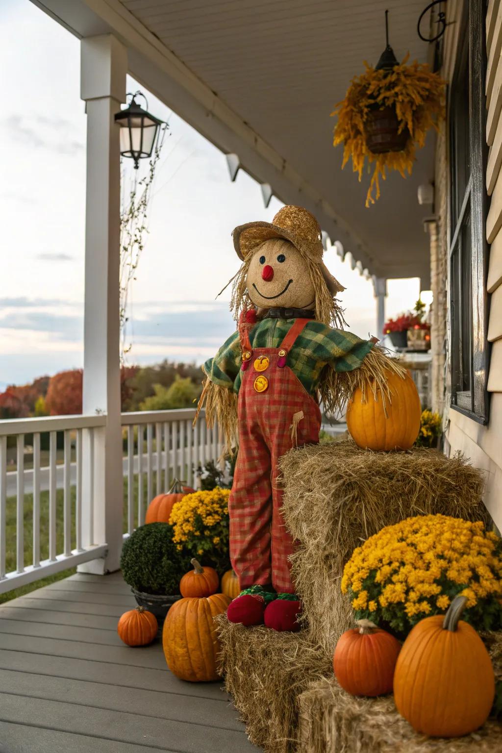 A cheerful effigy conveys a whimsical element to the autumnal veranda.