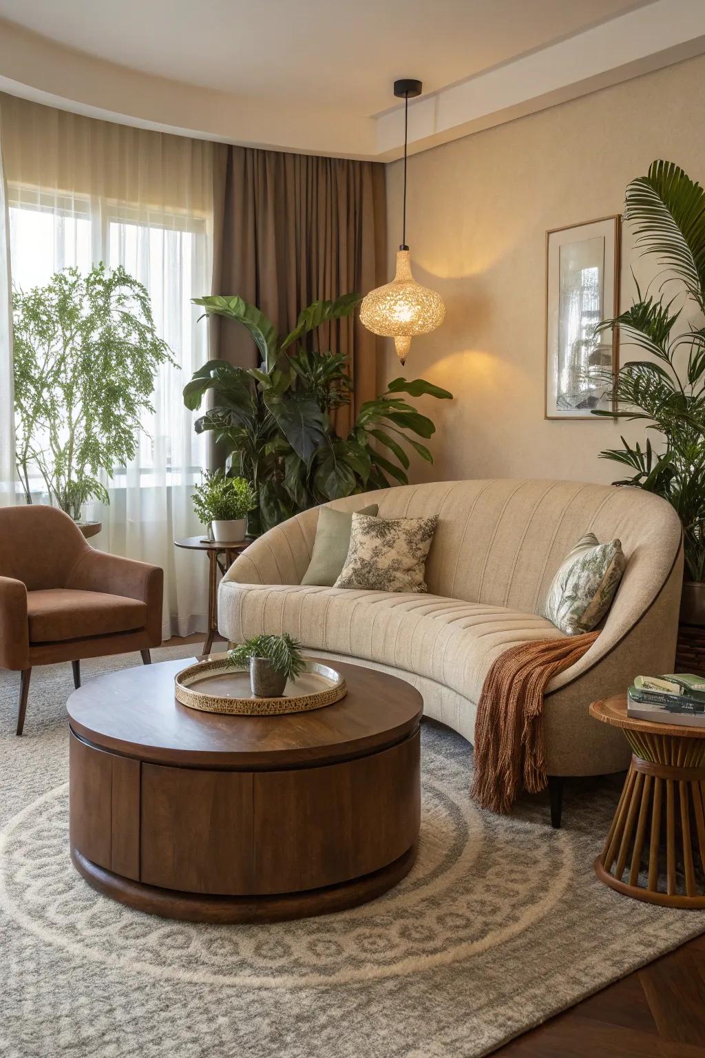 A family room softened with natural contours.