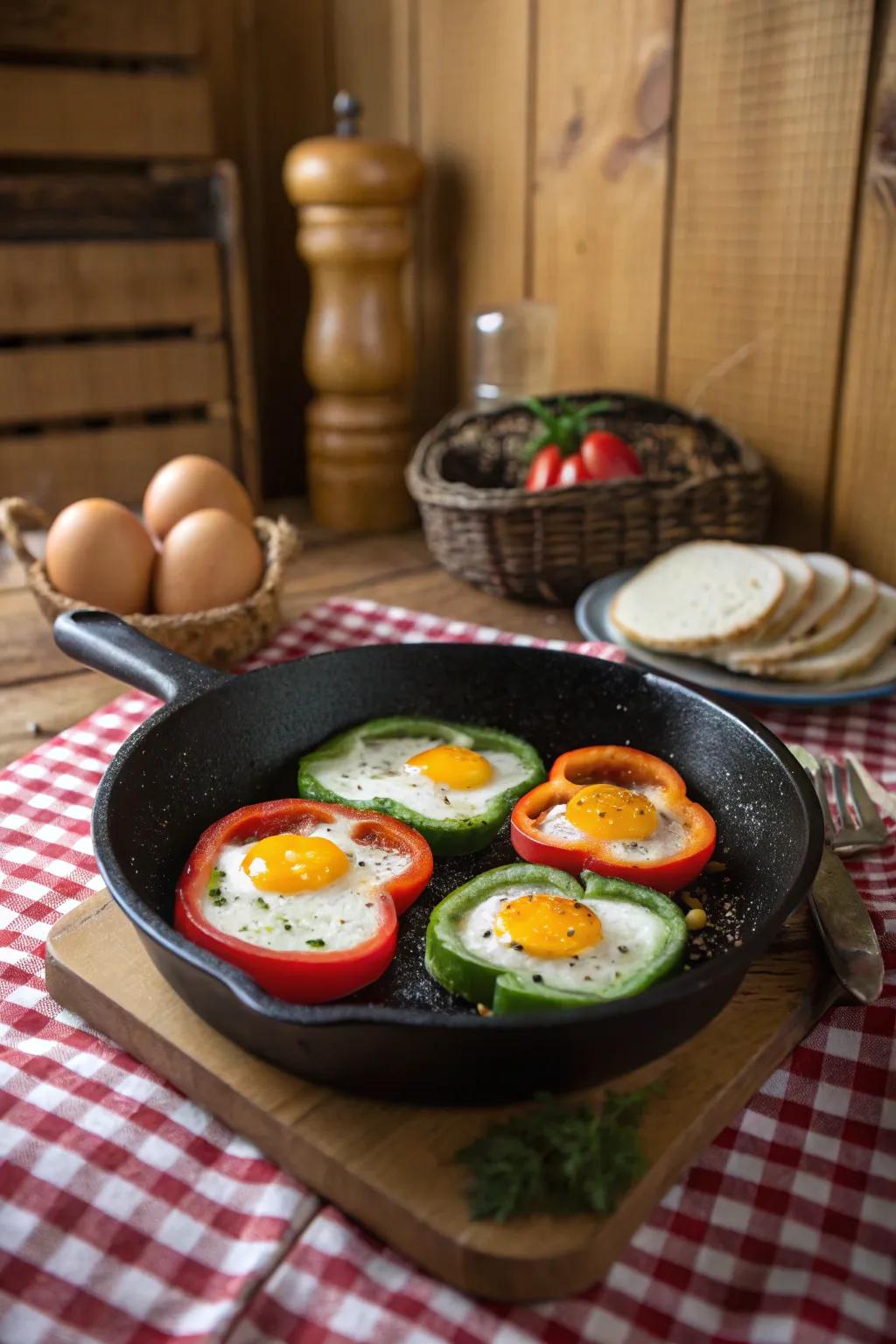Eggs in bell pepper circles offer a healthy and colorful option.