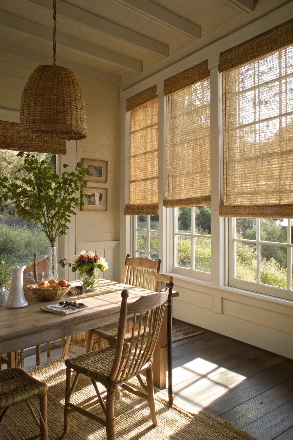 Woven timber shades rendering texture and warmth within a sunny countryside dining area.