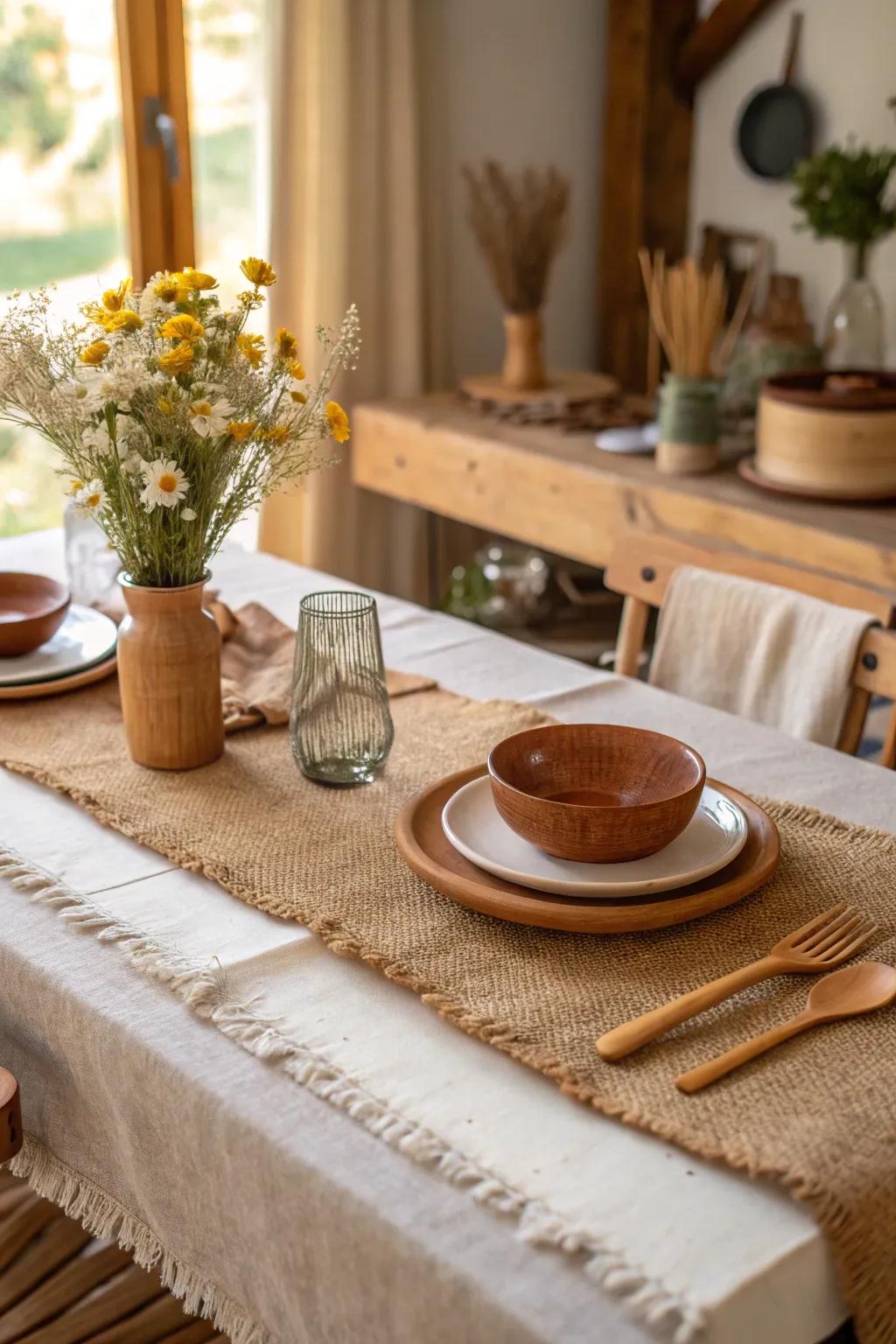 Burlap accents infusing rustic texture to the table.