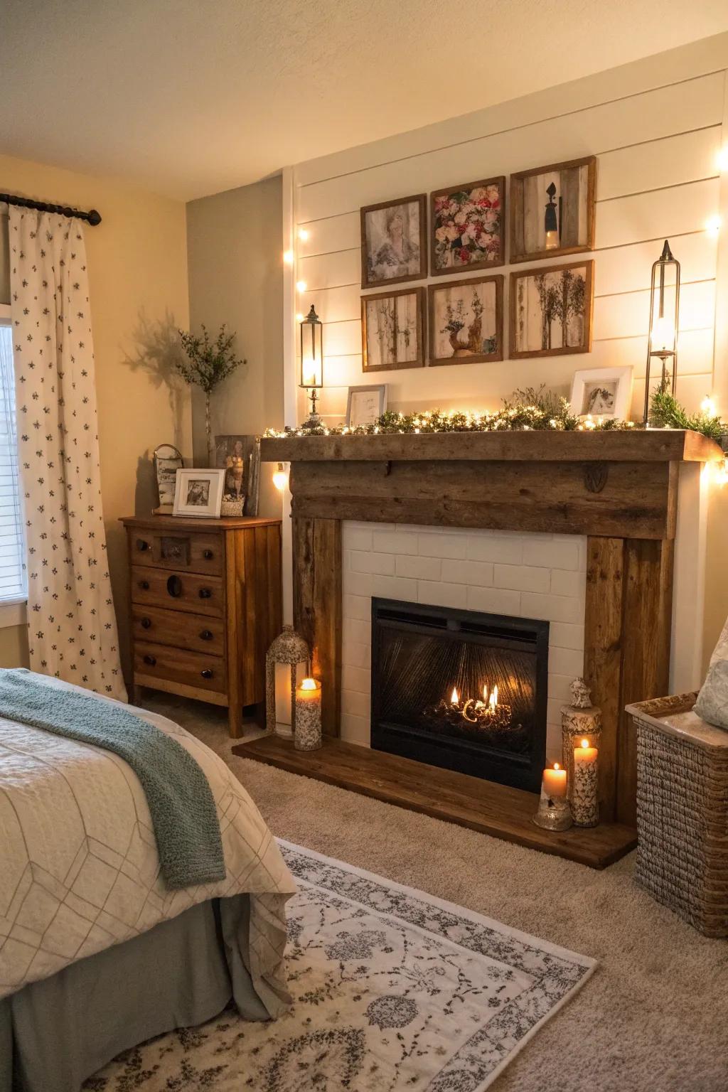 A faux fireplace adds rustic charm and a cozy focal point.