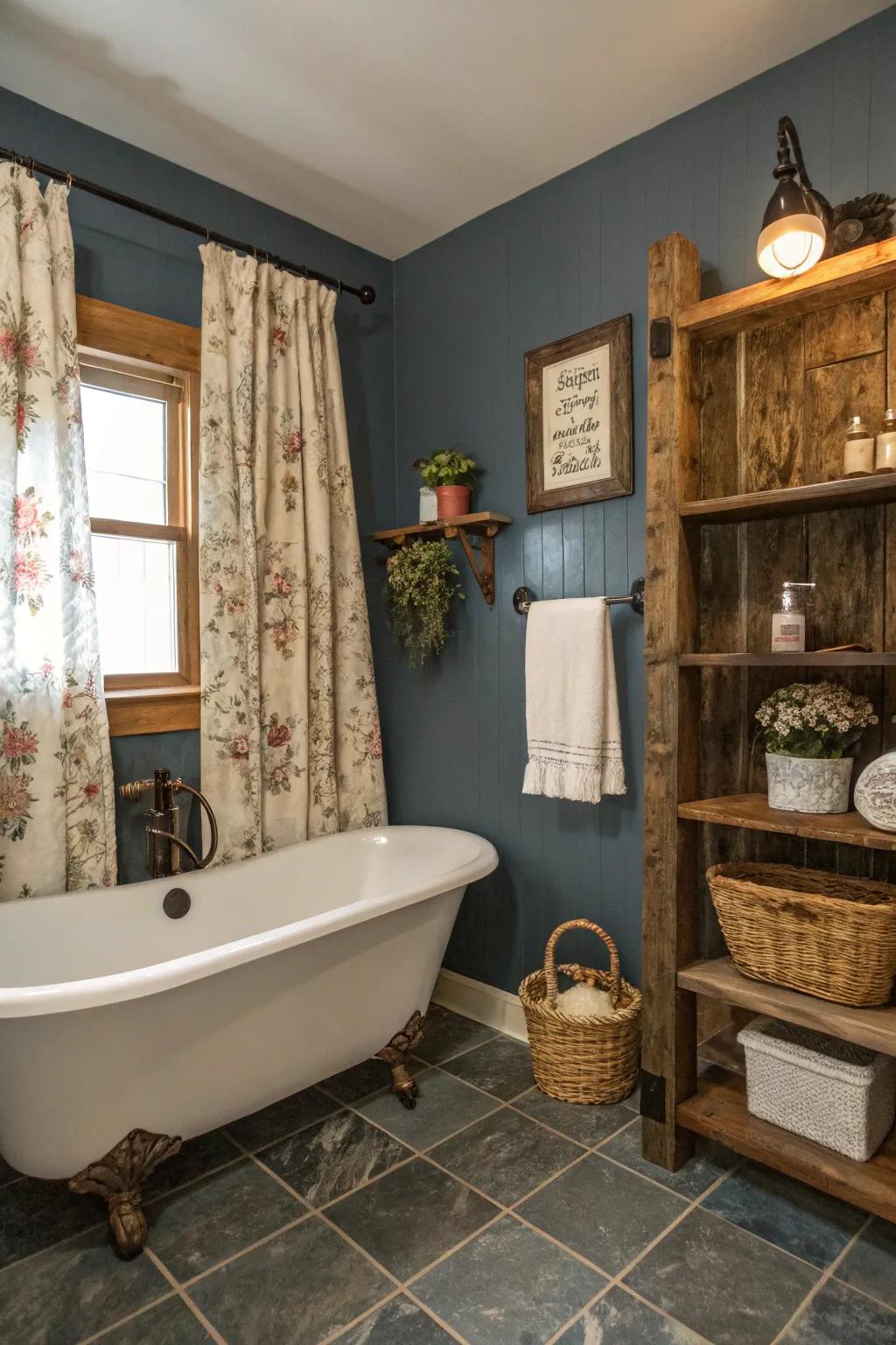 Stone blue walls impart a soothing backdrop in this lavatory.