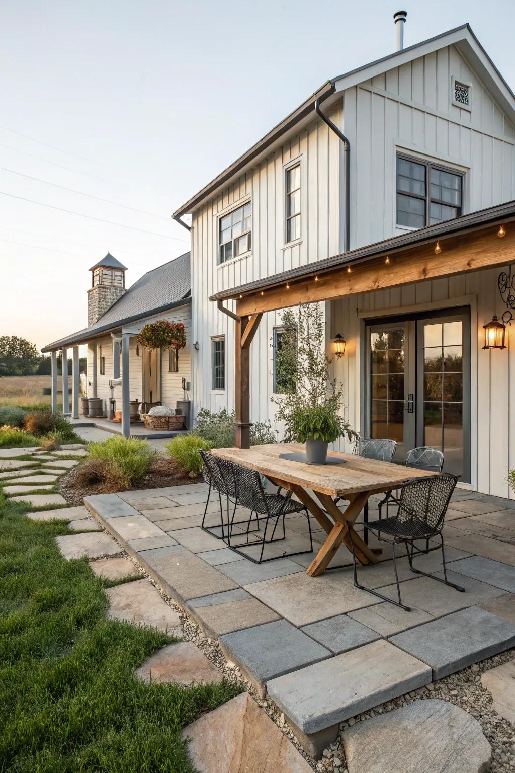 A mix of materials introduces texture and intrigue to the patio design.