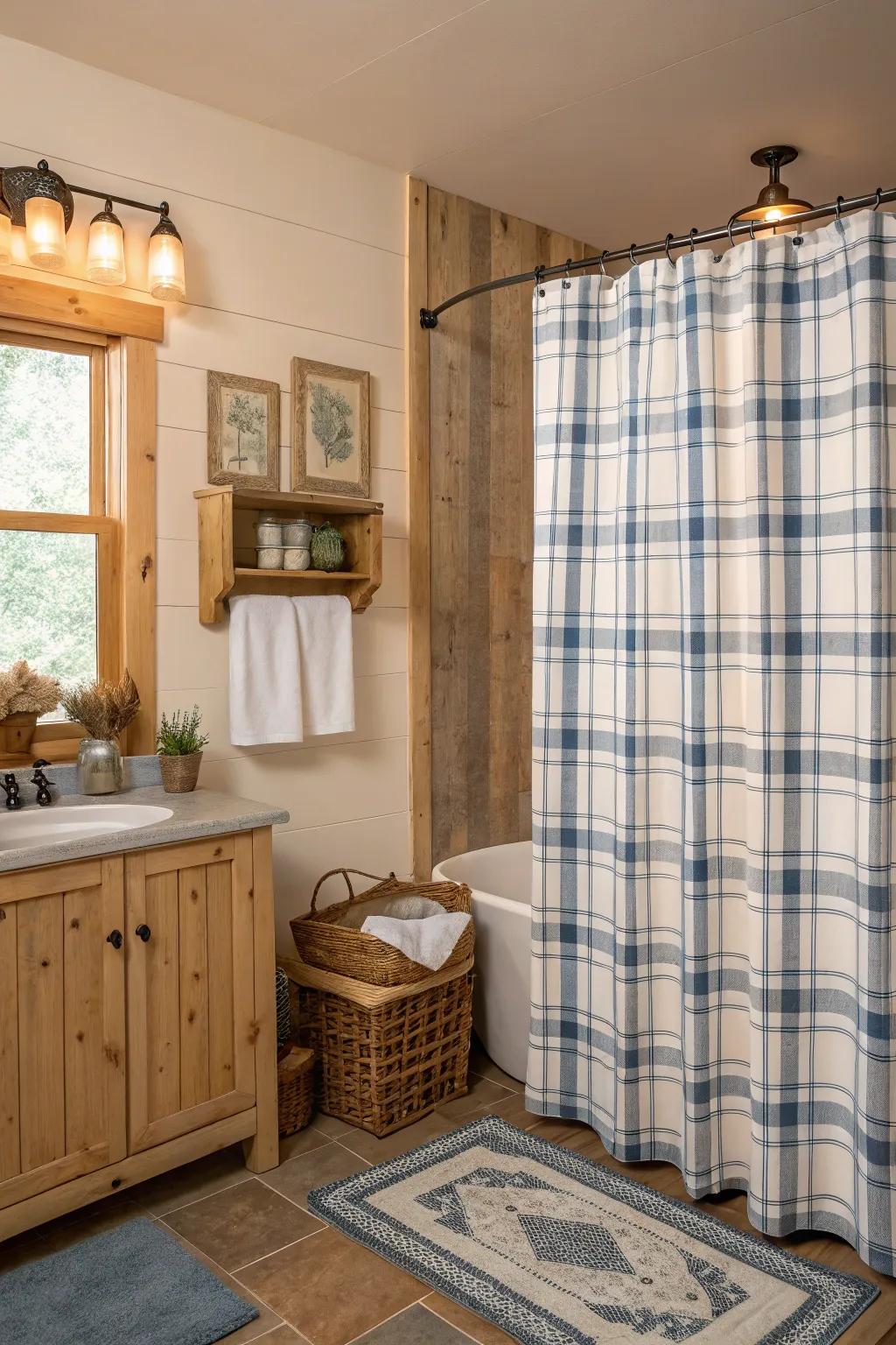 A lavatory with a farmhouse tartan shower drape fashioning a snug ambiance.