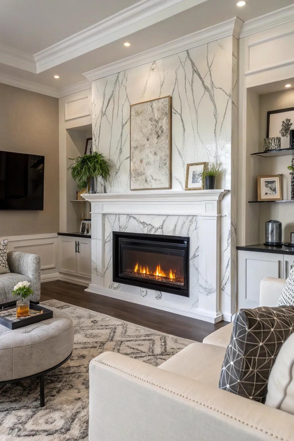 An artificial fireplace exhibiting grace through a sleek marble finish.