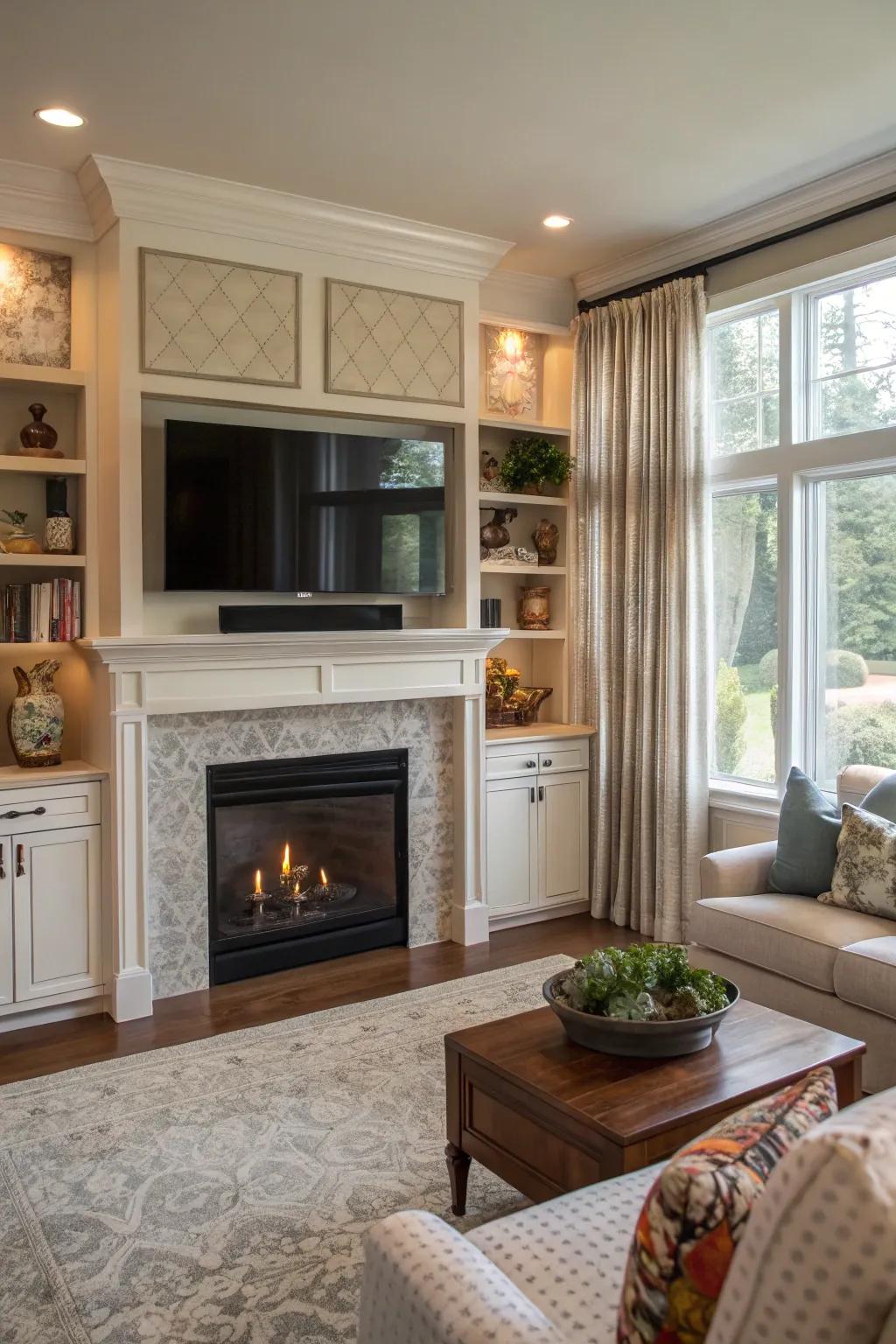 An orderly living space with concealed storage solutions around a fireplace.