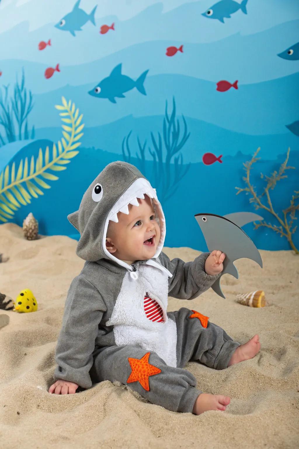 A frolicsome infant shark getup for a splash of amusement.