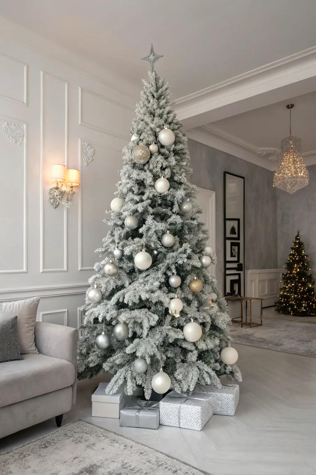 A modern uniformity-themed flocked Christmas tree.