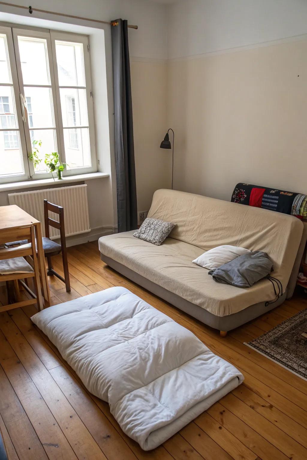 A futon provides flexible seating and sleeping solutions.