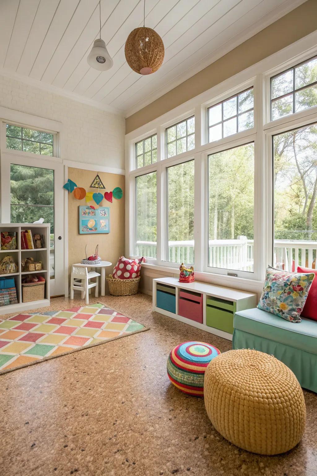Family sunroom featuring bung flooring.