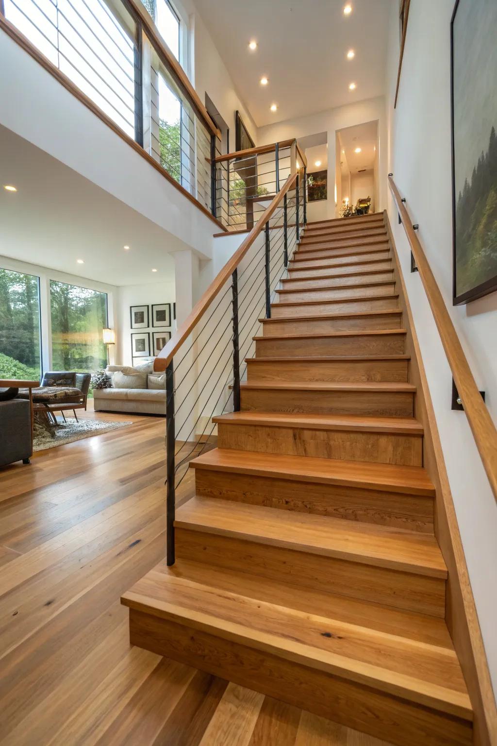 Hardwood block staircases stand out through their unique grain and texture.