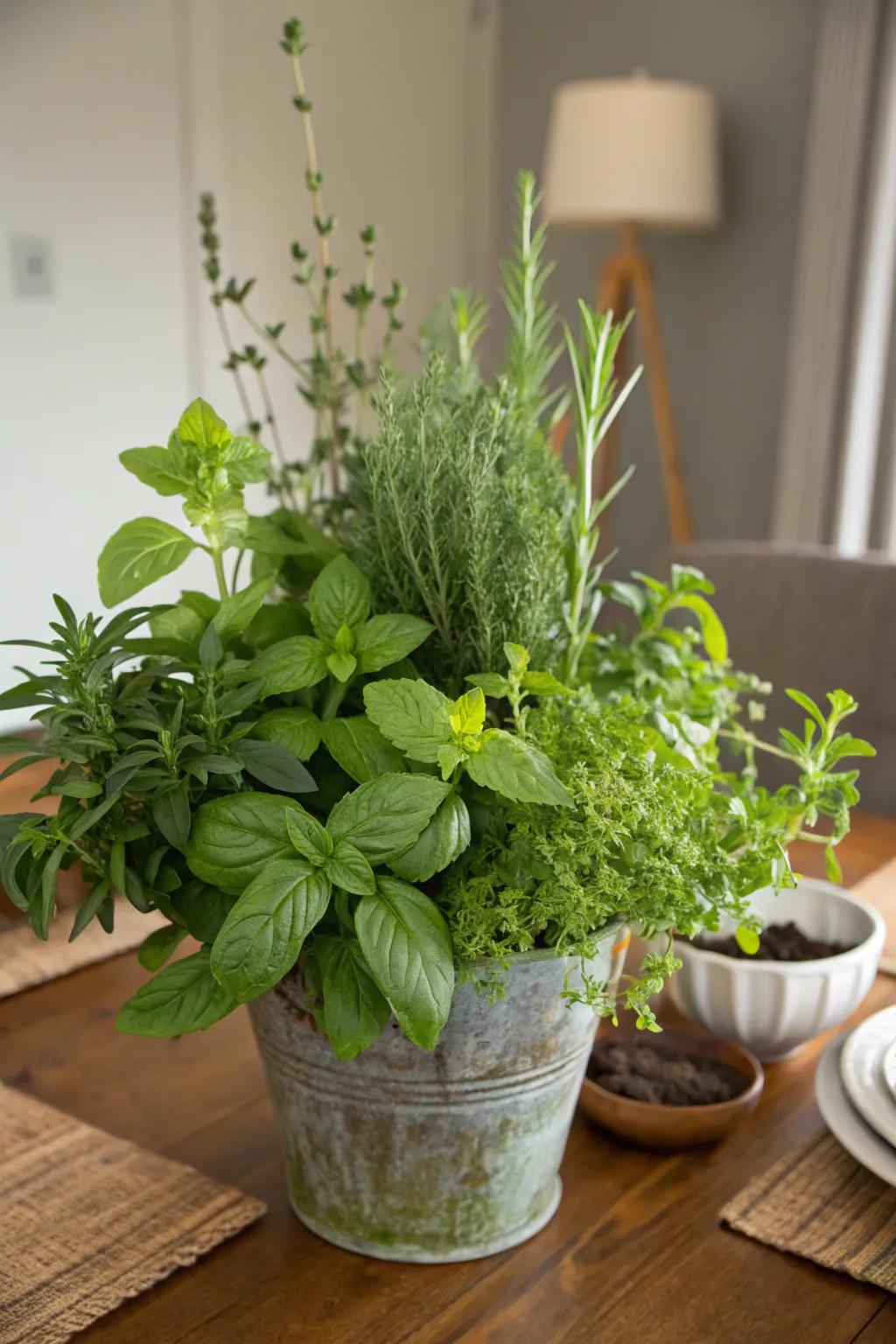 Fragrant herb garden centerpiece, offering both visual appeal and cooking practicality.