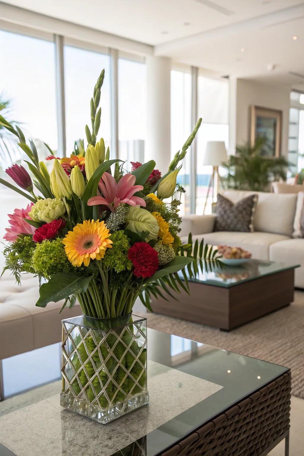 A structured arrangement contributes sophistication to a contemporary living space.