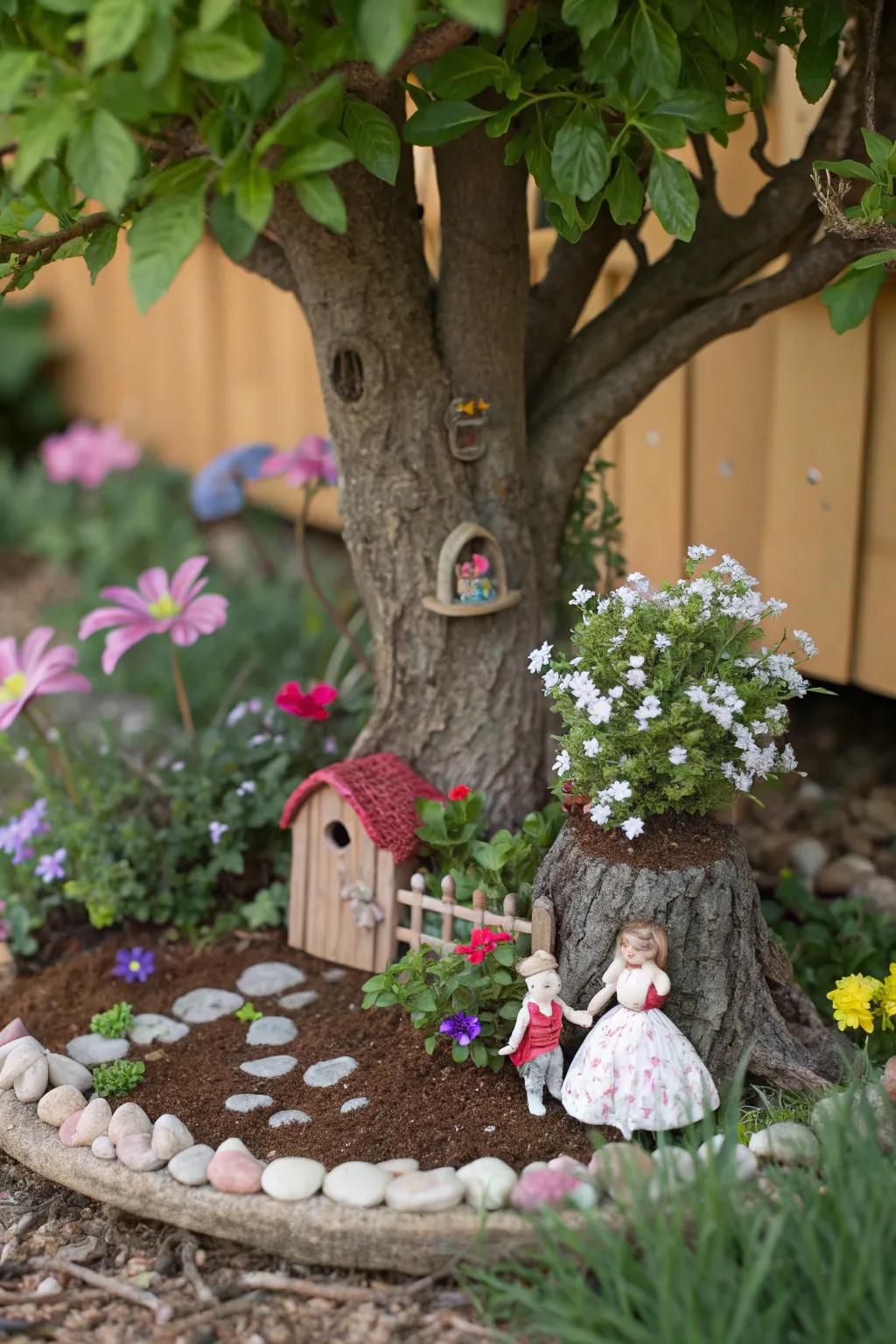 An imp garden introduces enchanting whimsy to the base of this tree.
