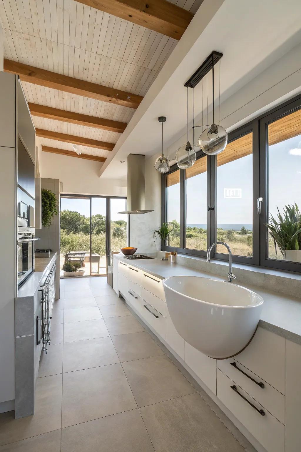 A modern kitchen area with a floating independent sink for an ventilated feel.