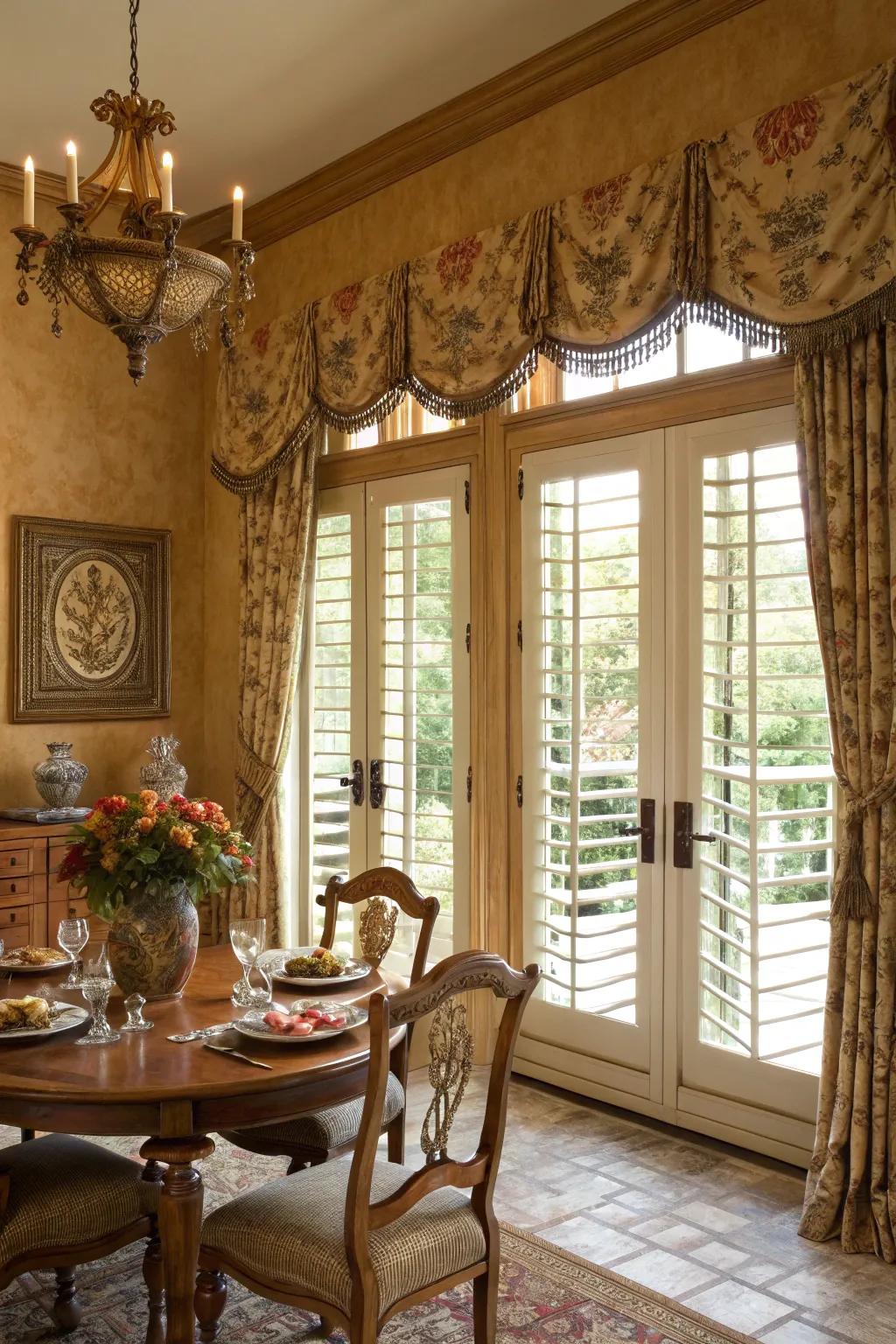 Ornate window treatments and shutters introduce charm and functionality to windows.