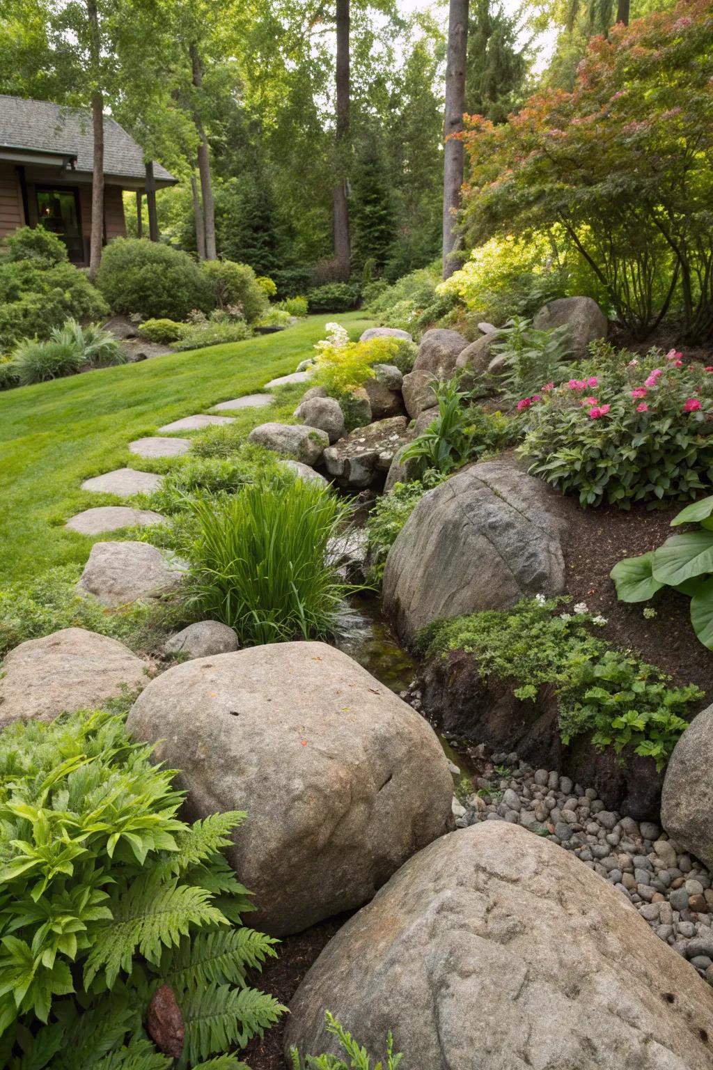 Massive stones adding natural charm while concealing a French drain in a lush landscape.