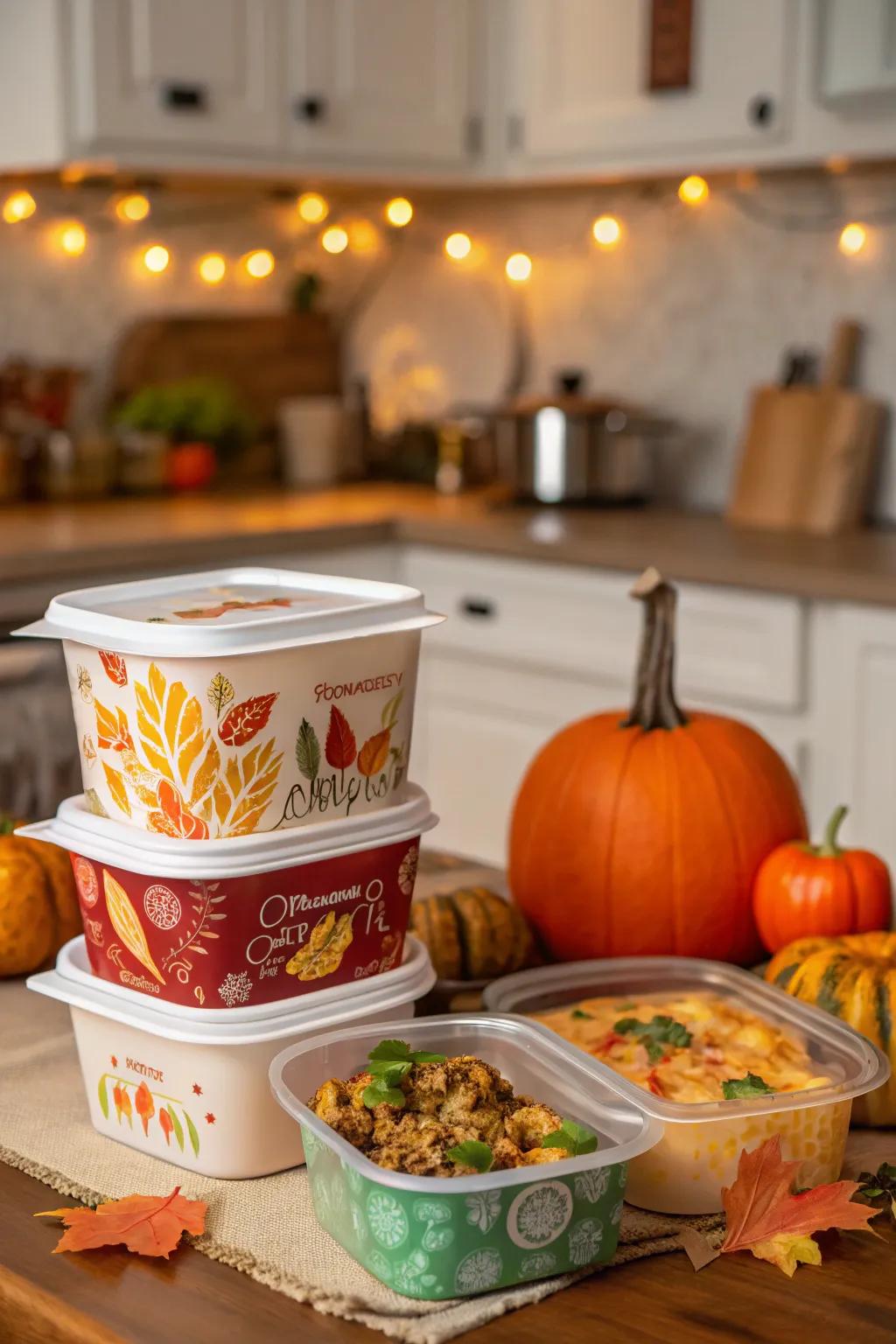 Celebratory vessels prepared for guests to take home leftovers.