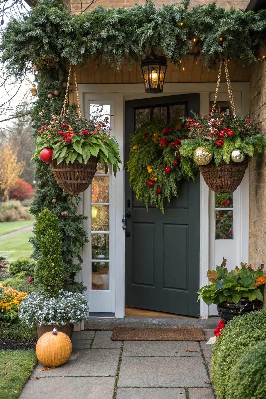 Charming festive containers add height to the decor.