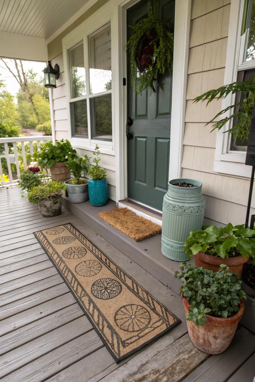 An eco-friendly doormat created from recycled components.