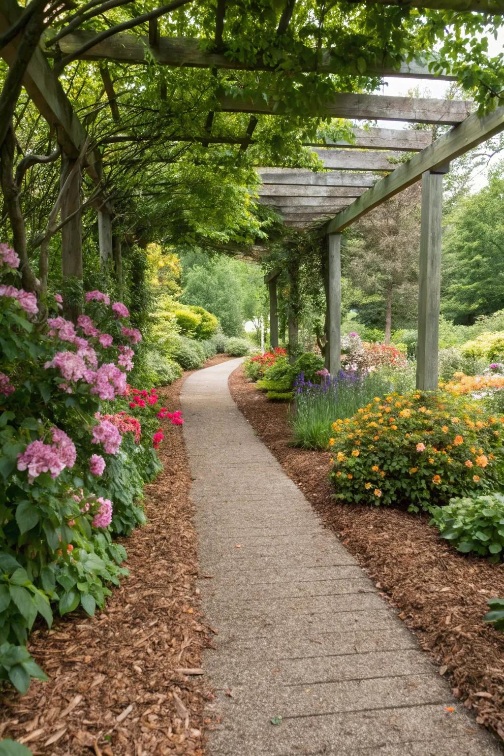 Mulched pathways deliver a soft, organic sensation to entryways.