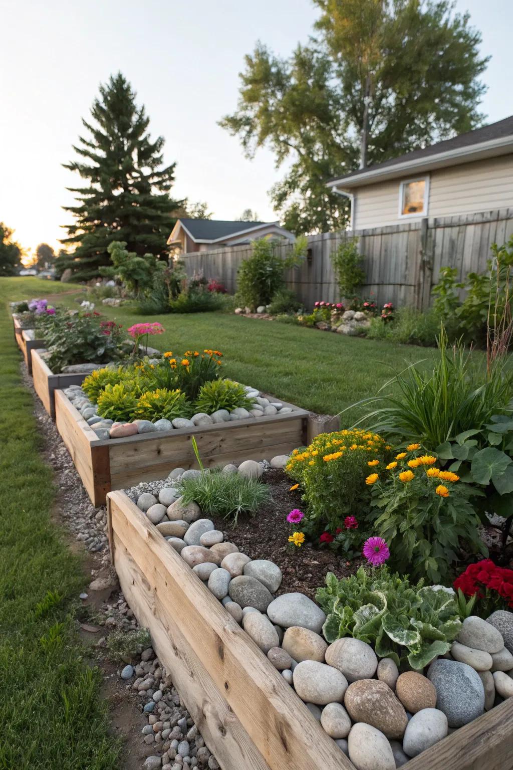 Elevated beds complemented by stones augment dimension and charm.