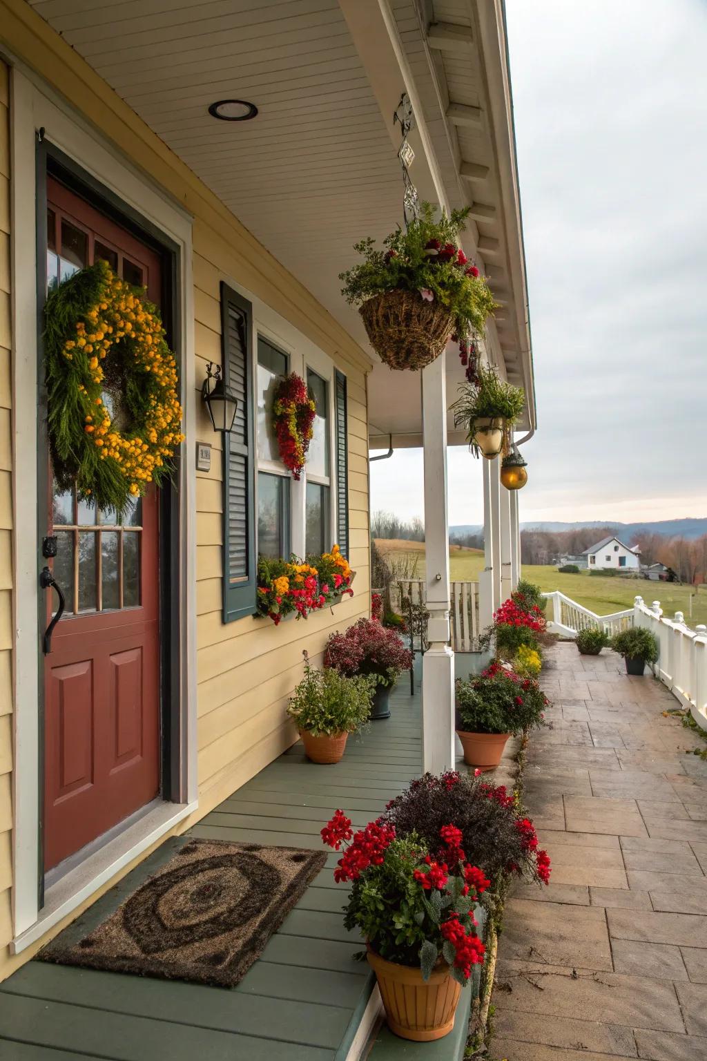 Front veranda featuring vibrant seasonal ornaments.
