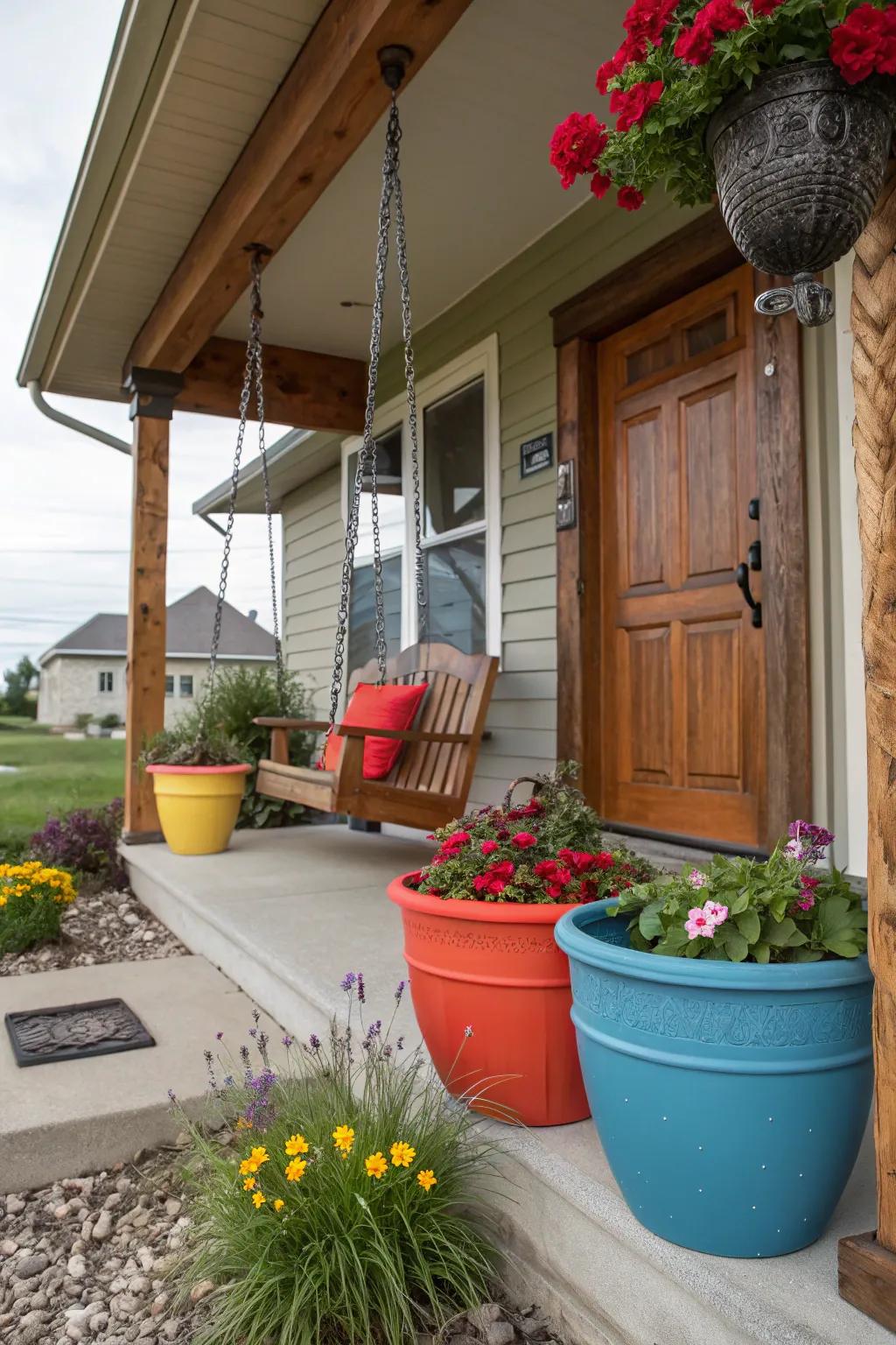 Striking colorful pots with plantings contribute an energetic feel to this front porch.