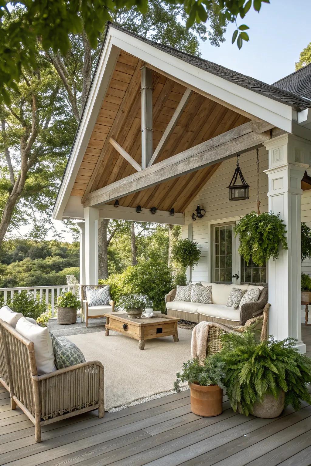 A down-to-earth chic veranda that unites comfort with elegance.