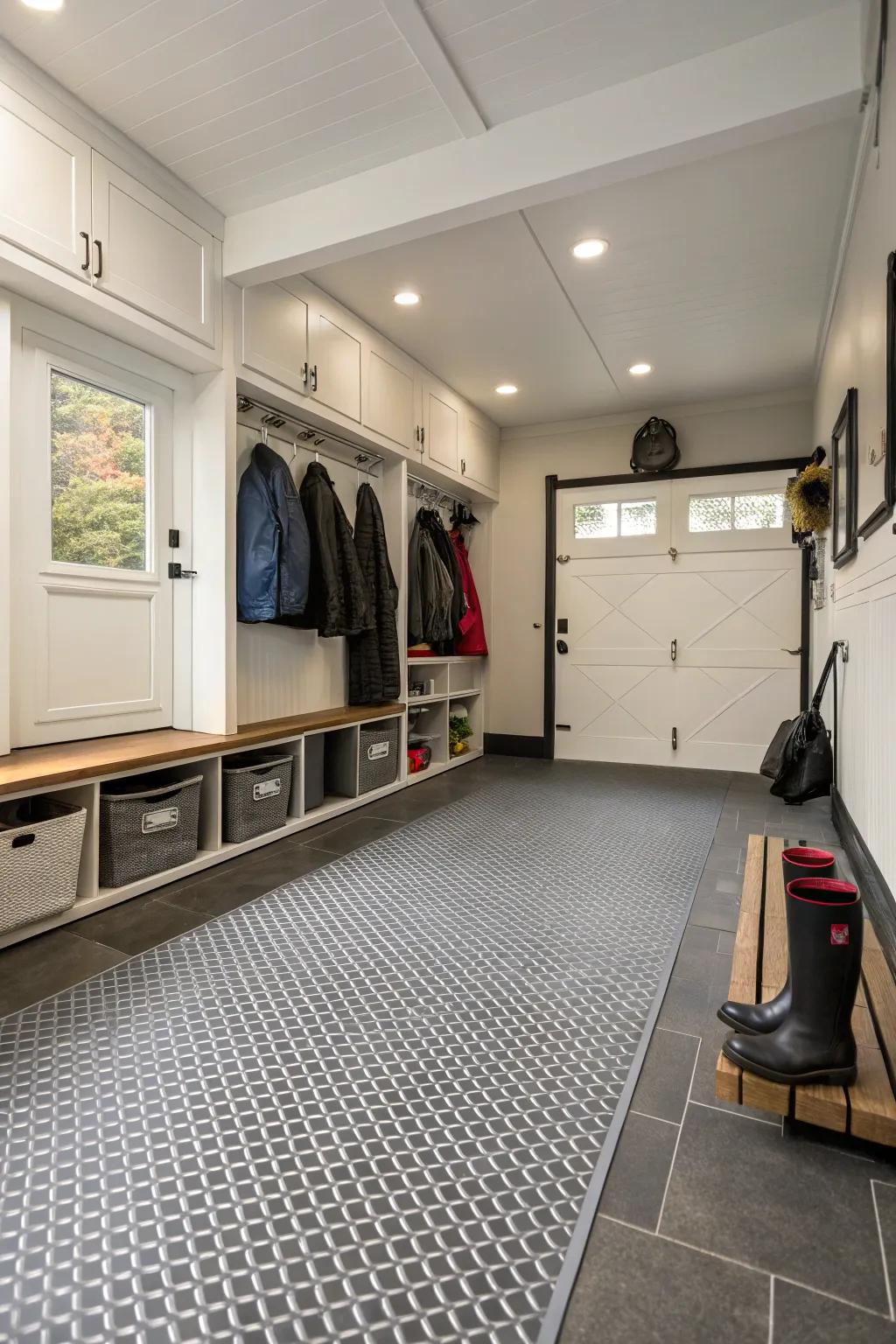 Durable flooring is essential for a mudroom that withstands heavy use.