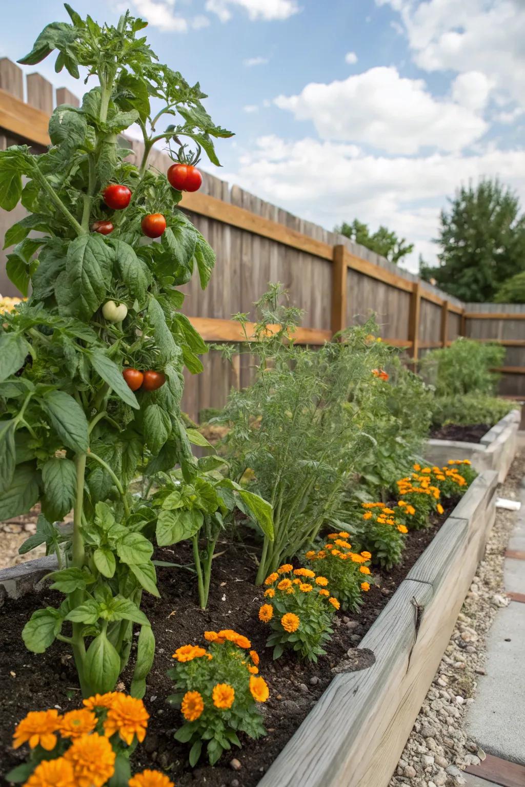 A paired planting garden featuring tomatoes, basil, and marigolds.