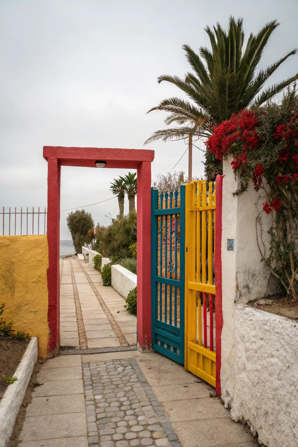 A painted gate infuses a vibrant touch to any entryway.