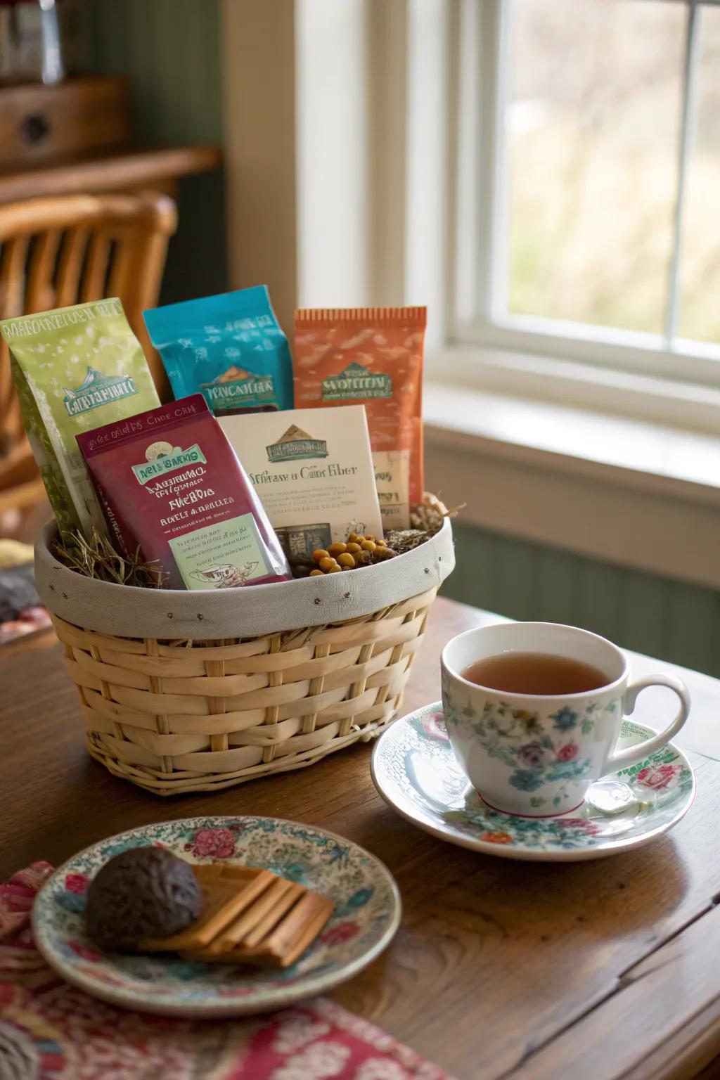 A tea-themed gift basket tailored for tea aficionados.