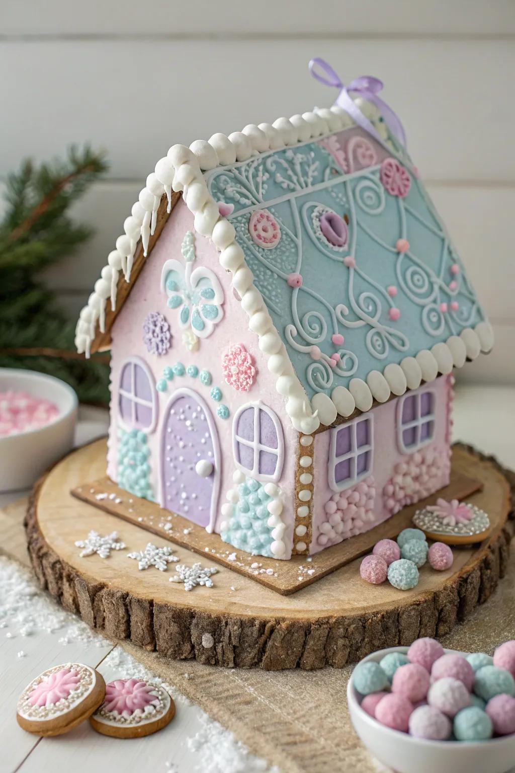 Step into a pastel dream with this charming gingerbread house, where soft hues and minimalist elegance meet.