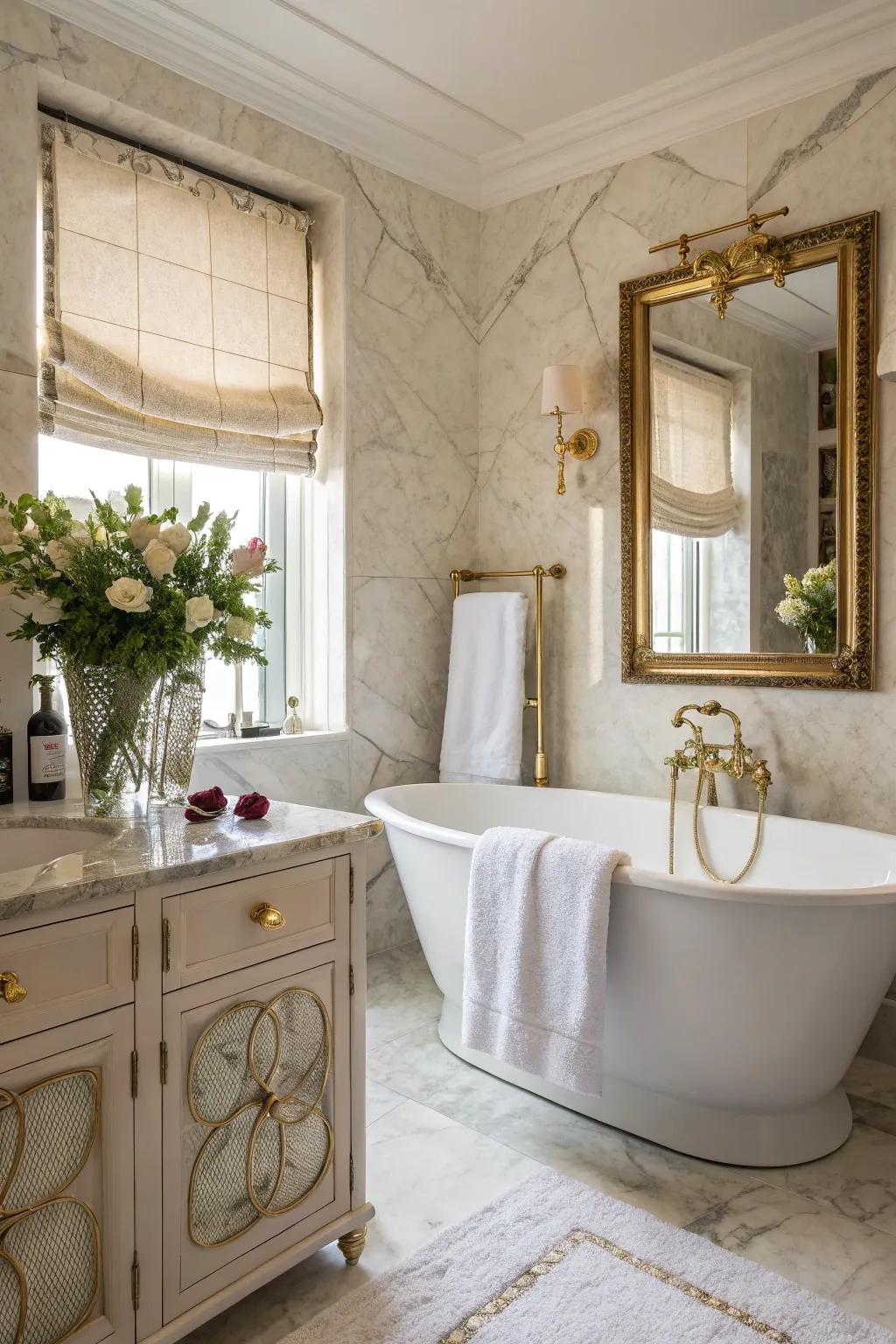 A luxurious bathroom features a freestanding tub and elegant decor.