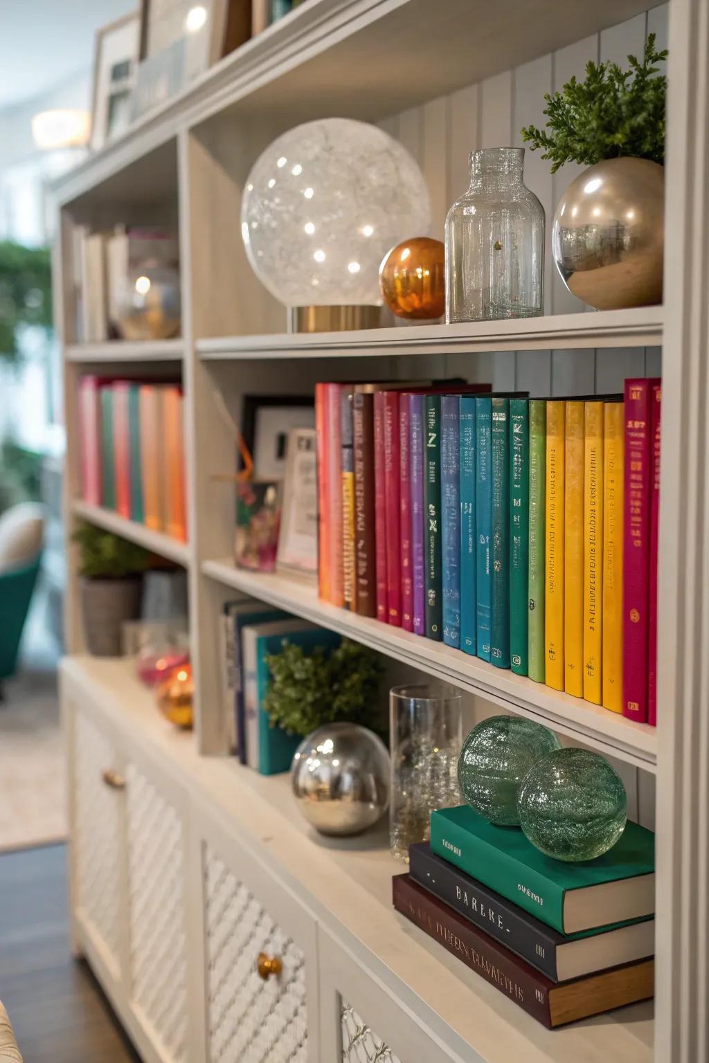 Incorporate glass orbs into your shelf exhibits for visual interest.