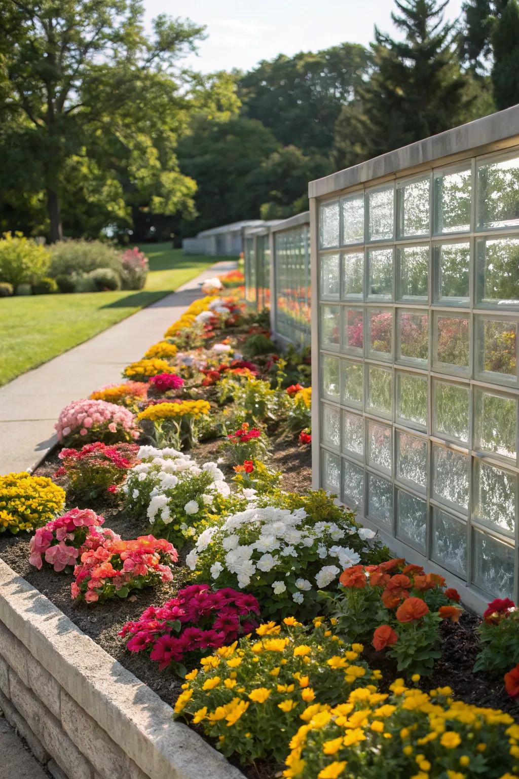 Transparent cubes utilized as elegant edges for flora beds.