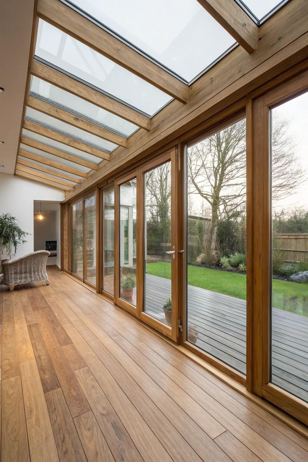Native wood elements contribute a sensation of warmth to a glass expansion.