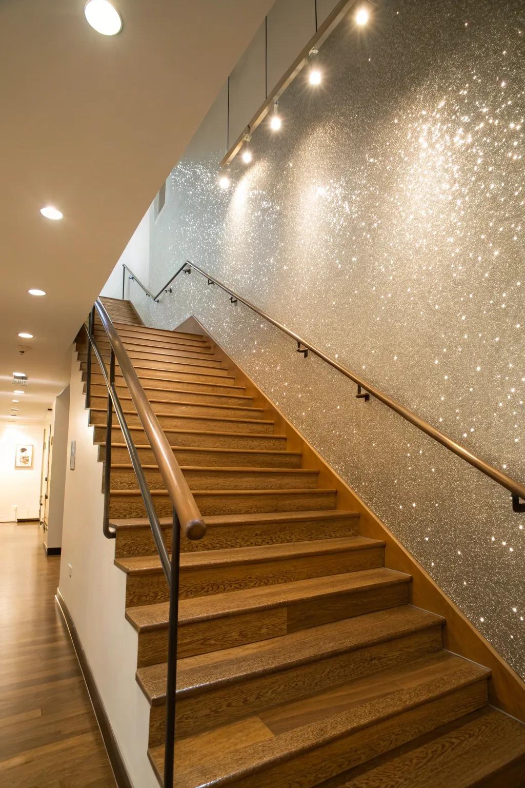 A <strong><em>glitter accent wall</em></strong> makes a display on a staircase.” loading=”lazy” class=”pimg”>
	</picture><figcaption>A <strong><em>glitter accent wall</em></strong> makes a display on a staircase.</figcaption></figure>
<p>Make your staircase a point of interest by incorporating a <strong><em>glitter accent wall</em></strong> beside the steps. It’s an unexpected twist that can elevate your home’s overall appearance.</p>
<h3>Try these:</h3>
<ul class=